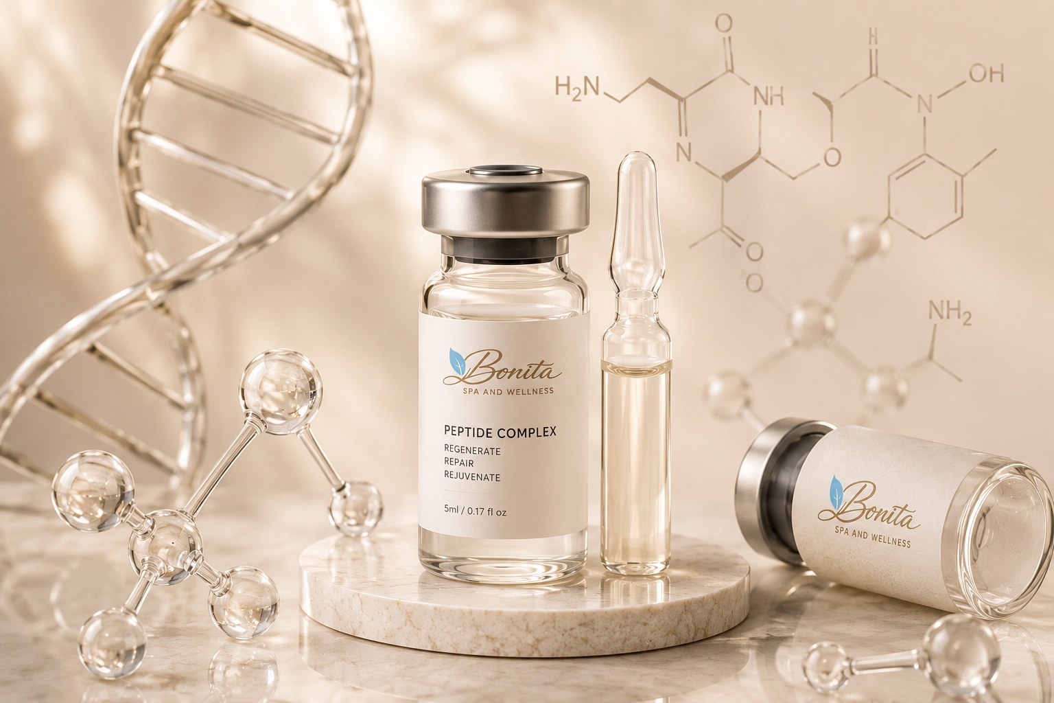 Bonita Spa and Wellness peptide wellness bottle in a luxury clinical setting